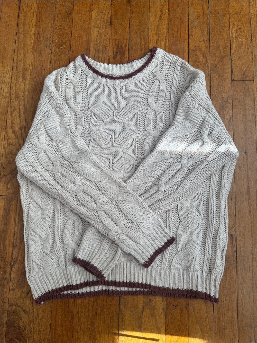 Cream Cable Knit Sweater with Contrast Neckline - Picture 2 of 3